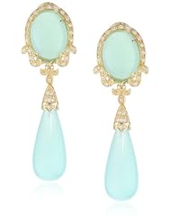 18K Gold over Sterling Silver Green Carbon Formate Jade and Created White Sapphire Drop Earrings