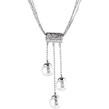 Silver Cubic Zirconia Synthetic LUSTER PEARL Drop Triple Diamond Cut Necklace