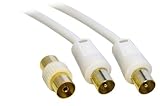 3M Metre TV VCR Video Aerial Coaxial Fly Lead / Cable Male to Male White + Female Coupler - Gold Connectors
