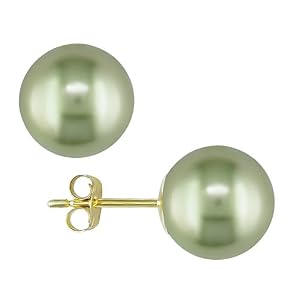 8-9 mm Round Pistachio Tahitian Pearl Earrings in 14k Yellow Gold