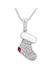 Alexander James White Gold Rhodium Bonded Holiday Red and White Stocking Pendant in Silvertone Chain Included