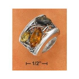 Stones Sr-2453 : Sterling Silver Large Multi Color Amber With Weave Band Ring
