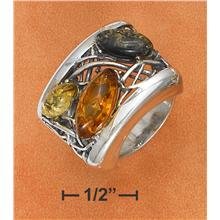 Stones Sr-2453 : Sterling Silver Large Multi Color Amber With Weave Band Ring Ring Size 06