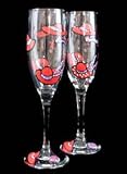 Red Hat Dazzle Design - Hand Painted - Matching Set of Toasting Flutes - 6 oz.
