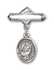 Sterling Silver Baby Badge with St. Catherine of Sweden Charm and Polished Badge Pin