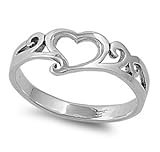 Rhodium Plated Sterling Silver 8mm Heart Shaped Ring (Size 5 - 10)