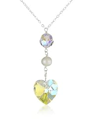 Swarovski Elements Crystal Aurora Borealis Heart and Faceted Bead with White Freshwater Cultured Pearl on Sterling Silver Y-Shape Necklace, 18"