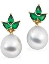 18K Yellow Gold Pair 10.00mm Drop South Sea Cultured Pearl & Genuine Emerald Earring