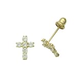 14K Gold Stud Earring CZ Small Cross Yellow Gold Earring With Screw Back For Kids & Teens