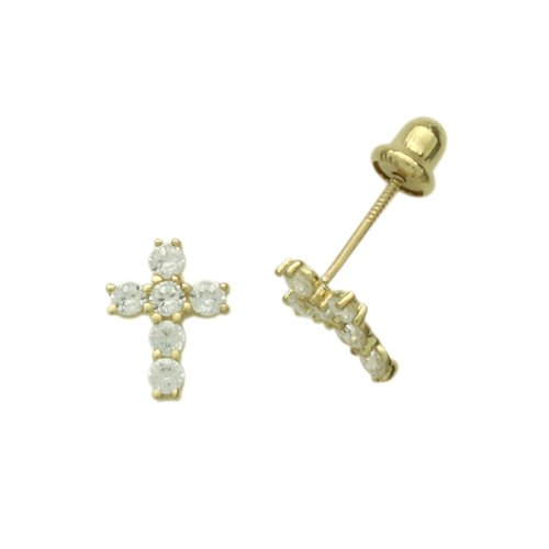 14K Gold Stud Earring CZ Small Cross Yellow Gold Earring With Screw Back For Kids & Teens