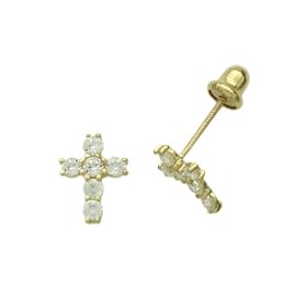 14K Gold Stud Earring CZ Small Cross Yellow Gold Earring With Screw Back For Kids & Teens