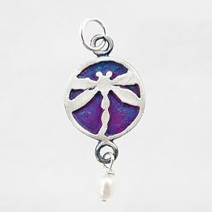 Round Dragonfly Pendant with White Pearl Gemstone Bead in Sterling Silver with Patina Finish, #9109