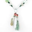 Green and White Hand Carved Jade Bird, Vase and Flower Necklace on Green Braided Cord, #7981