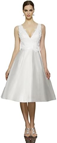 Short Wedding Dress Simple Cheap Bridal Gown T592 V-Neck Lace - White, size 10