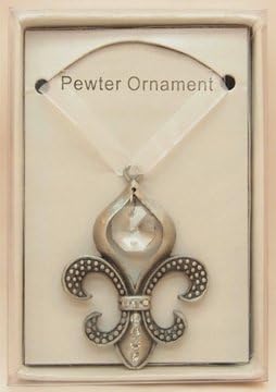 Beautiful Pewter Made Fleur De Lis Ornament with a Clear Crystal Hanging in the Center. Comes in a Deluxe Cream Color Gift Box. Great for New Orleans Saints Fans and Mardi Gras Decor.