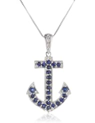10k White Gold Round Shaped Blue Sapphire and Diamond-Accent Anchor Pendant Necklace (0.01 cttw, I-J Color, I1-I2 Clarity), 18"