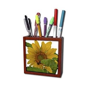 WhiteOak Photography Floral Prints Bees on a Sunflower Tile Pen Holders-5 inch tile pen holder