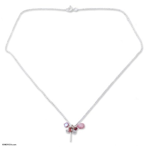 Pearl and rose quartz necklace, 'Dragonfly Roses'