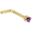 Solid 14KT Yellow Gold 2mm Amethyst Cubic Zirconia L-Shaped Nose Ring - 18 Gauge