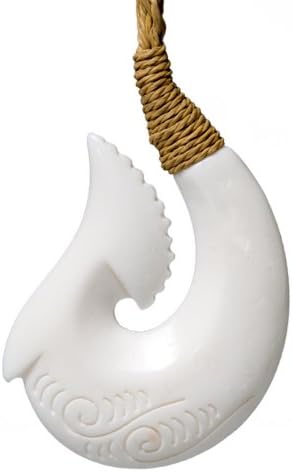 Hawaiian Carved Bone Fish Hook Legend Scrimshaw Necklace