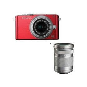 Olympus E-PL3 12.3MP Digital Camera, 3.0 inch Tilt LCD, 14-42mm Zoom Lens, SD Card slot, 1080/60i HD Video Capture, 3D Photo Mode, Red / Silver, & Olympus M. Zuiko Digital ED 40-150mm f4.0-5.6 R Zoom Lens,Silver