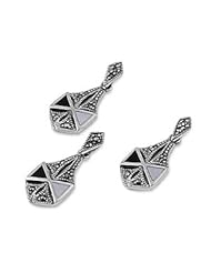 Sterling Silver Mother of Pearl Onyx Irregular Tear Drop Marcasite Earring Pendant Set