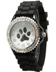 Black Paw Face Silicone Watch w/ CZ Crystal Rhinestones Face Bling