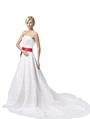 A-line Strapless Satin Lace Wedding Dress  with a Court Train  With a Sash 