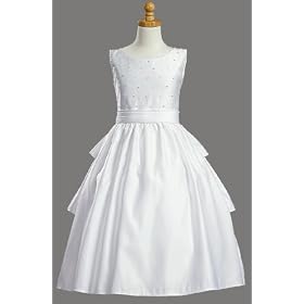 White Satin Sleeveless Communion Dress with Cummerbund and Accented with Pearls
