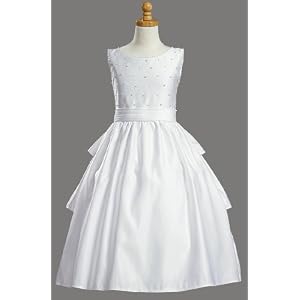 White Satin Sleeveless Communion Dress with Cummerbund and Accented with Pearls