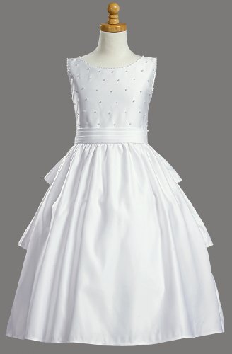 White Satin Sleeveless Communion Dress with Cummerbund and Accented with Pearls