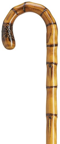 Walking Cane - Men's crook handle imported genuine maple with simulated bamboo steps, carved root nose and tapered shaft, 36 long w/rubber tip