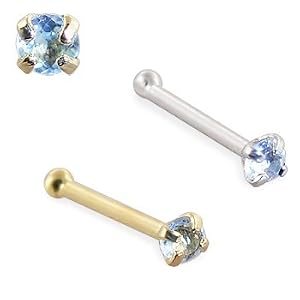 14K Gold Nose Bone with Genuine Aquamarine, 20 Ga by 
