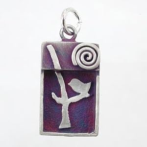 Rectangular Bird in a Tree with Sun Swirl Pendant in Sterling Silver with Patina Finish, #9182