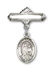 Sterling Silver Baby Badge with St. Raphael the Archangel Charm and Polished Badge Pin