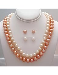 7-8mm Freshwater Pearl, 2-Necklace and 2-Stud Earring Sets in 14K Yellow Gold - White & Pink