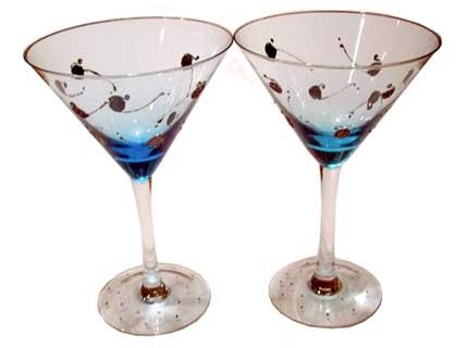 ArtisanStreet's Aqua Blue Martini Glasses. Set of 2. Hand Painted with Silver Accents. One of a Kind