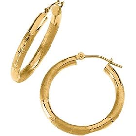 14K Yellow Gold Diamond Cut Hoop Earring With Florentine Finish by DivaDiamonds