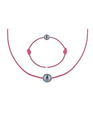 Les Poulettes Jewels - Necklace and Bracelet Set Dark Grey Pearl 8-9 mm with Red Color Wax Cord