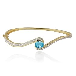 Yellow Gold Plated Sterling Silver Blue Topaz and Diamond Bangle Bracelet