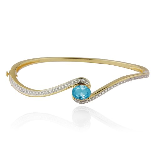  Yellow Gold Plated Sterling Silver Blue Topaz and Diamond Bangle Bracelet