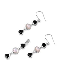 Sterling Silver Onyx Triple Stone Dangling Pearl Earring & Necklace Set