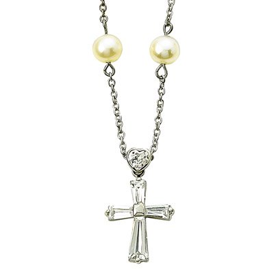 Sterling Silver 3/4" Pave Baguette Cross Necklace with Heart on 19" Pearl Chain