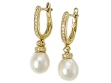 14 Karat Yellow Gold Drop Fresh Water Pearl Earrings, Enhanced With Pave Diamonds. ( 0.25 c.t.t.w, GH, SI )