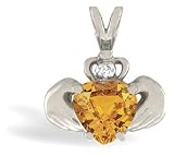 14K White Gold Genuine Heart Citrine and Diamond Celtic Claddagh Pendant