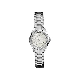 Guess Ladies Polished Silver Bracelet Watch With Mother Of Pearl Dial
