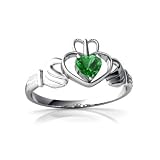 14K White Gold Heart Created Emerald Celtic Claddagh Ring