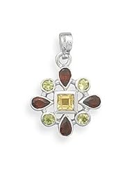 Flower Pendant Multicolor Gemstone Peridot, Garnet and Citrine Sterling Silver