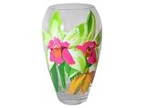 ArtisanStreets Violecea Orchid Crystal Vase. Pink and Gold Orchids Hand Painted on Clear Crystal. One of a Kind, Signed by Artisan