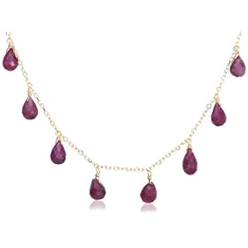 14k Yellow Gold, July Birthstone, Ruby Briolette Station Necklace, 16"